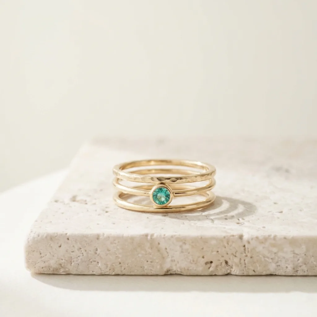Tres anillos finos de oro apilados, uno con piedra verde agua