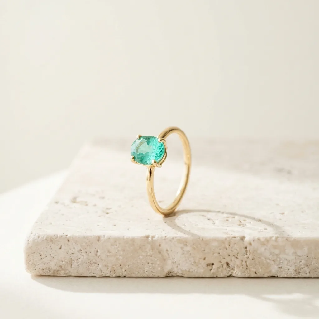 Anillo solitario de oro con piedra oval verde agua