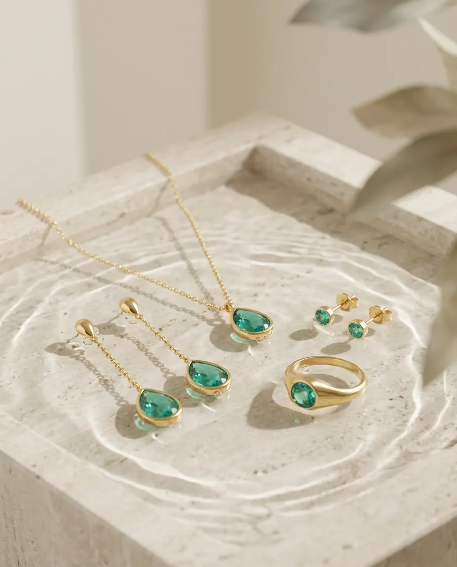 Joyas de oro con piedras verde agua sobre agua cristalina