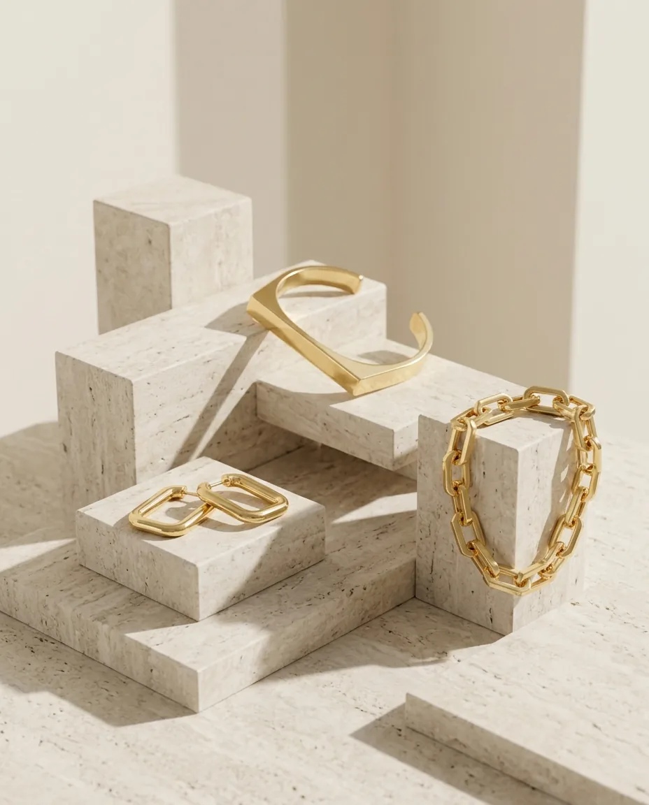 Joyas de oro geométricas sobre bloques de piedra