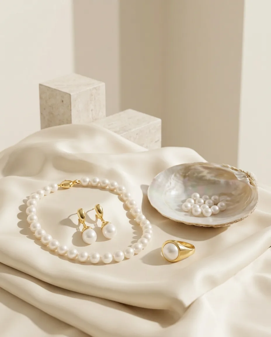 Joyas de oro con perlas sobre seda marfil