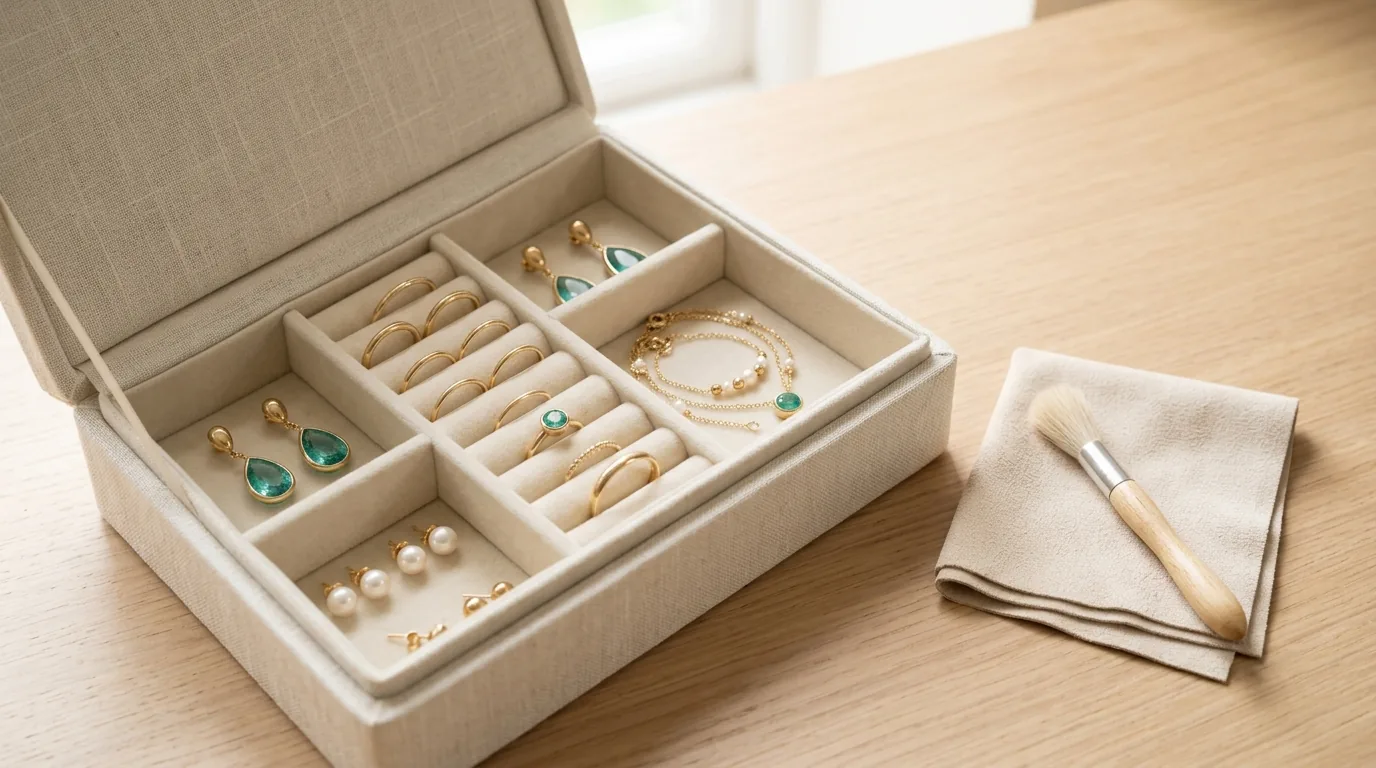 Joyero de lino con anillos, pendientes y collares ordenados