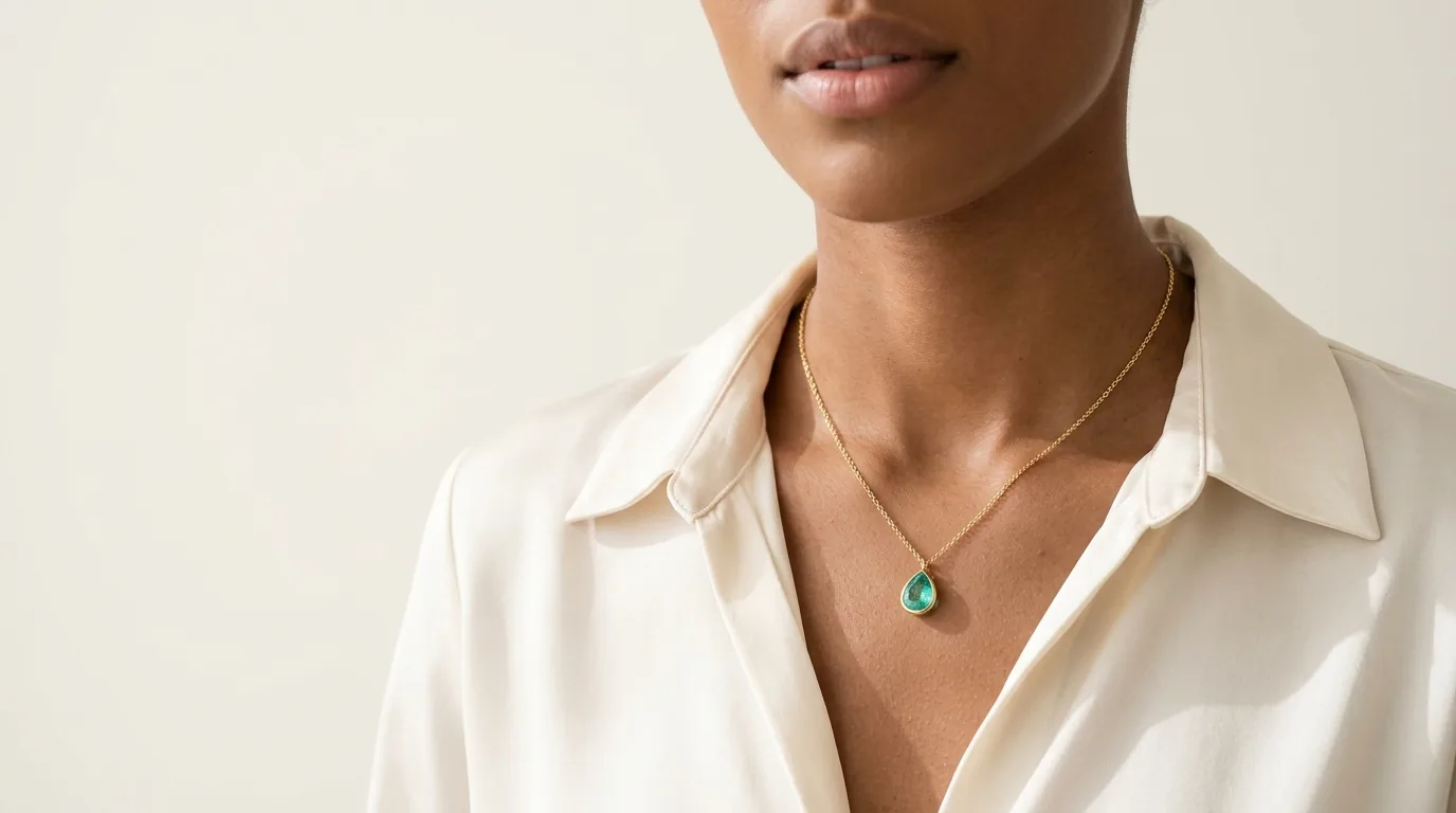 Mujer con collar de oro y colgante en gota verde agua