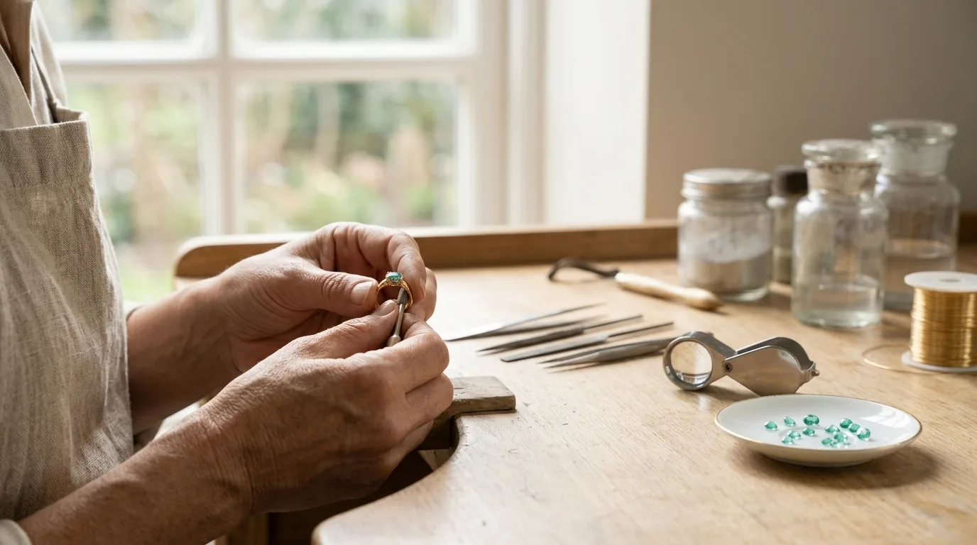 Manos de orfebre trabajando un anillo de oro en el banco