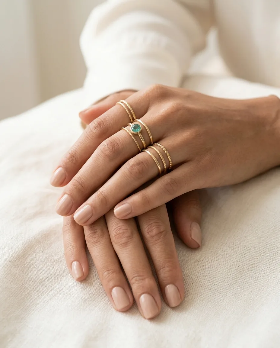 Manos con anillos de oro apilados