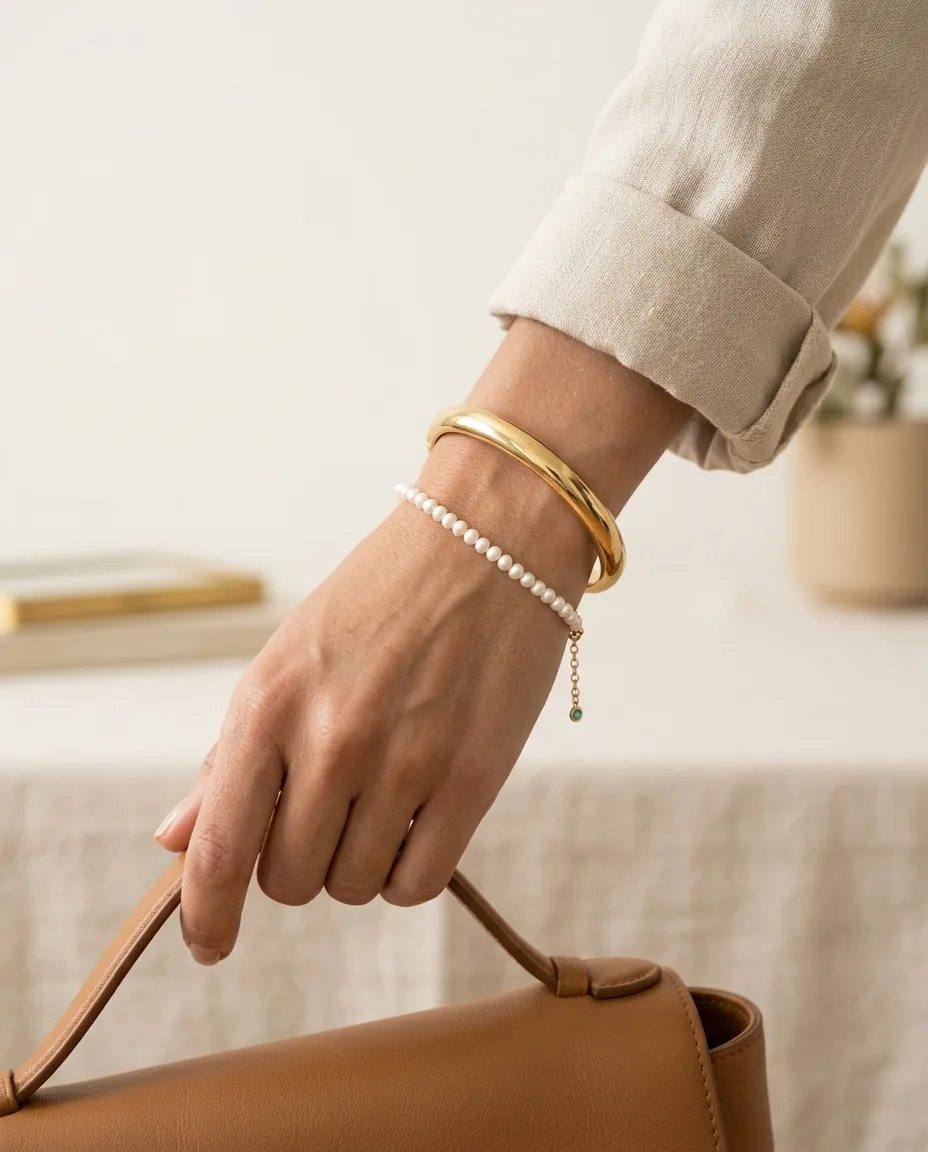 Muñeca con brazalete de oro y pulsera de perlas